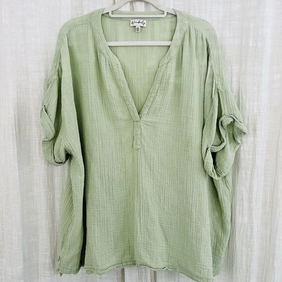 Wonderly Sage Green 100% Cotton Flowy Lightweight Blouse Made in India -Plus XXL - Picture 1 of 8